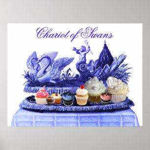 ANTIK BLÅ SVANAR OCH CUPCAKES KÖRVAGN POSTER