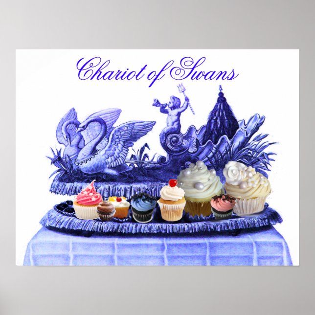 ANTIK BLÅ SVANAR OCH CUPCAKES KÖRVAGN POSTER (Framsidan)