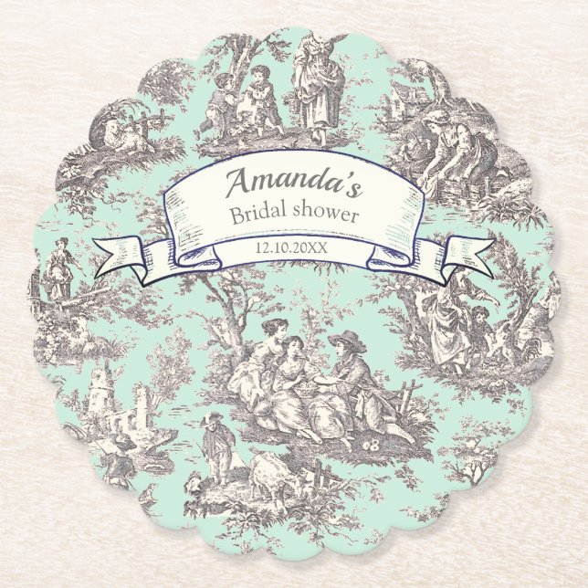 Antik blomig mintgrå toile de jouy underlägg papper (Framsida)