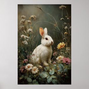 Antik blomma Kanin Tryck, Kanin Gårdshus Poster