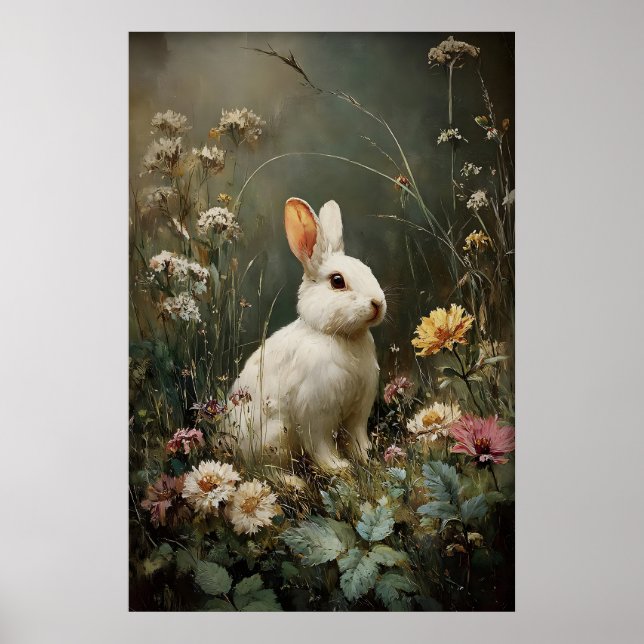 Antik blomma Kanin Tryck, Kanin Gårdshus Poster (Framsidan)