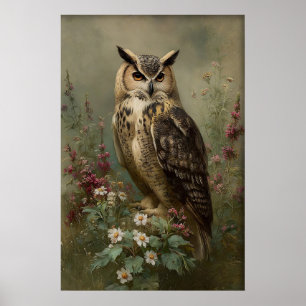 Antik blomma uggla tryck, dyster fågel botanisk st poster