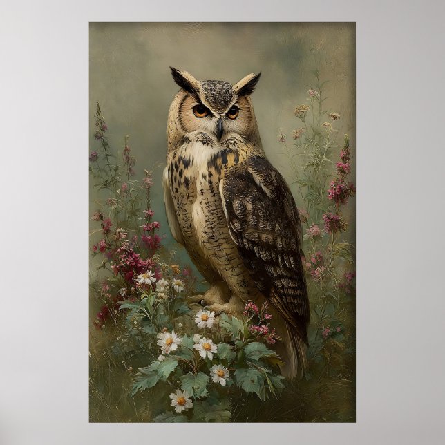 Antik blomma uggla tryck, dyster fågel botanisk st poster (Framsidan)