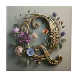 Antik blomster- guld- bokstav Q monogram Kakelplatta