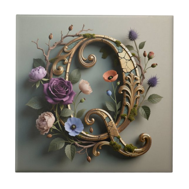 Antik blomster- guld- bokstav Q monogram Kakelplatta (Framsidan)