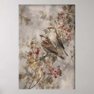 Antik blomster Sparrows tryck, Vintage Sparrow Poster