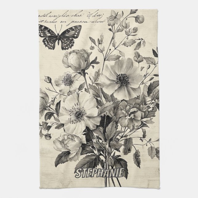 Antik blomsterarrangemang - Monokrom fjäril Kökshandduk (Vertikal)