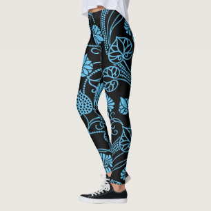 Antik blomsterdesign svart på blå leggings