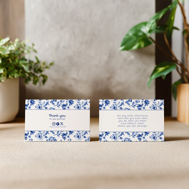 Antik blomsterdräkt delfts social tack tilläggskort (Blue and white delftware insert card with social media icons)