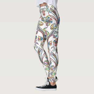Antik blomsterform i flera färger på vit bakgrund leggings