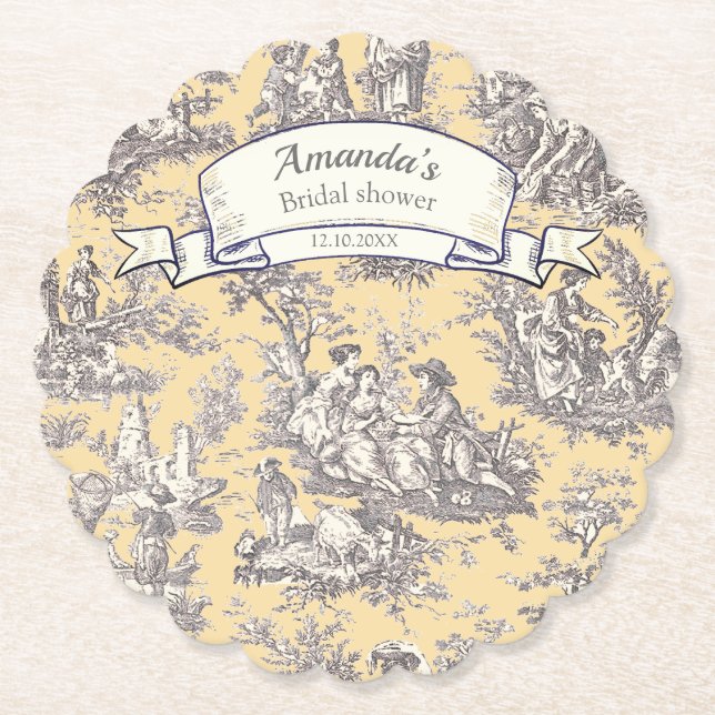 Antik blomstergul grå toile de jouy underlägg papper (Framsida)