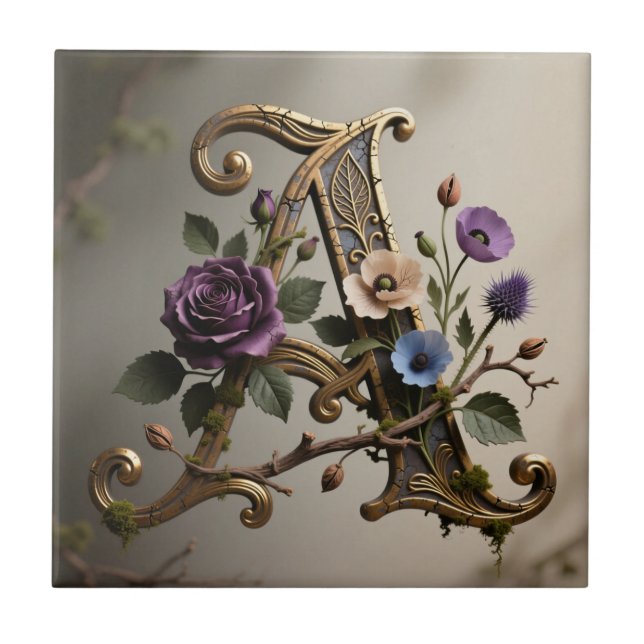 Antik blomsterguld Bokstav A Monogram Kakelplatta (Framsidan)