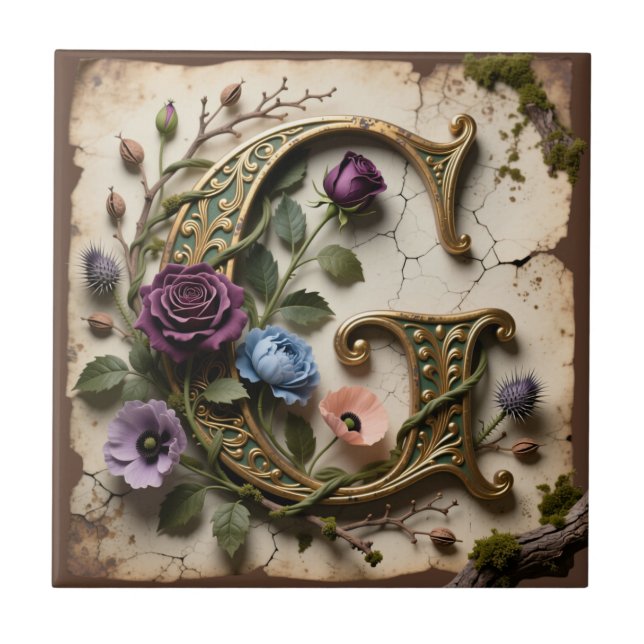 Antik blomsterguld Bokstav G Monogram Kakelplatta (Framsidan)