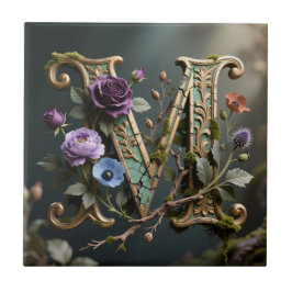 Antik blomsterguld Bokstav M Monogram Kakelplatta