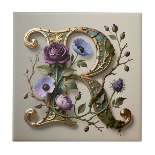 Antik blomsterguld Bokstav R Monogram Kakelplatta (Framsidan)