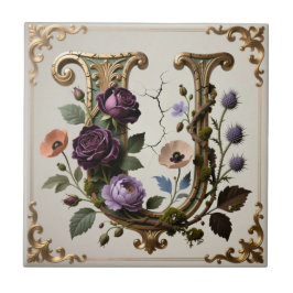Antik blomsterguld Bokstav U Monogram Kakelplatta