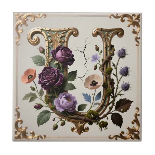 Antik blomsterguld Bokstav U Monogram Kakelplatta (Framsidan)