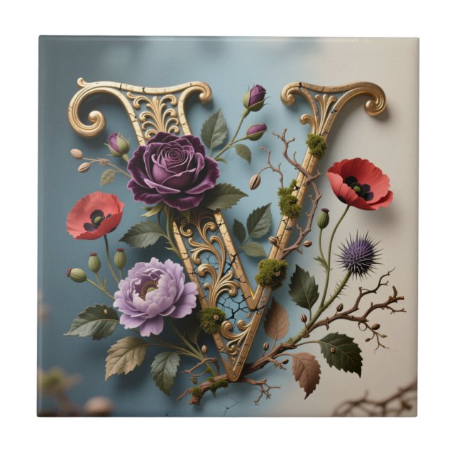 Antik blomsterguld Bokstav V Monogram Kakelplatta (Framsidan)