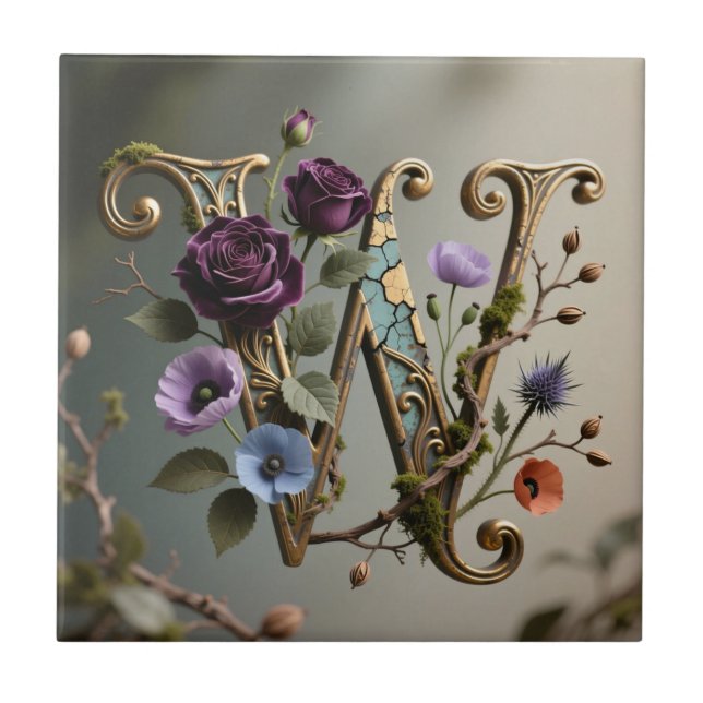 Antik blomsterguld bokstav W monogram Kakelplatta (Framsidan)