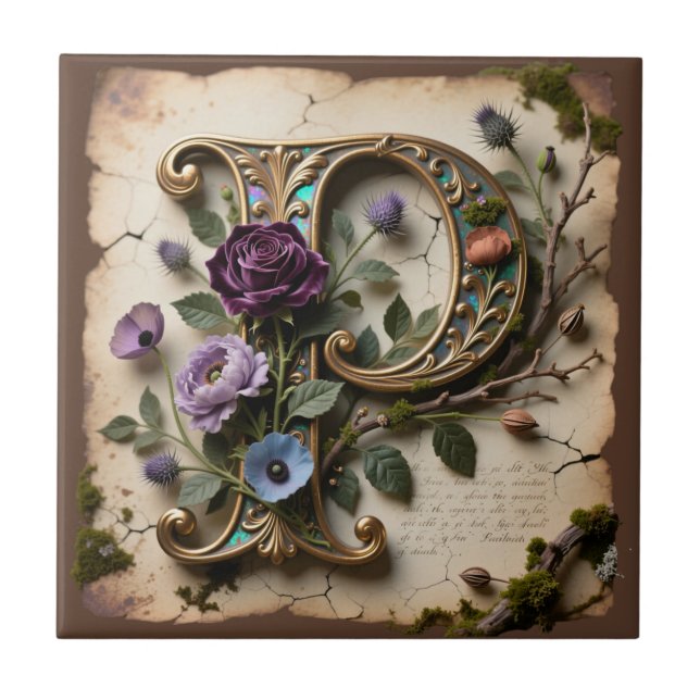 Antik blomsteropalescent bokstav P monogram Kakelplatta (Framsidan)