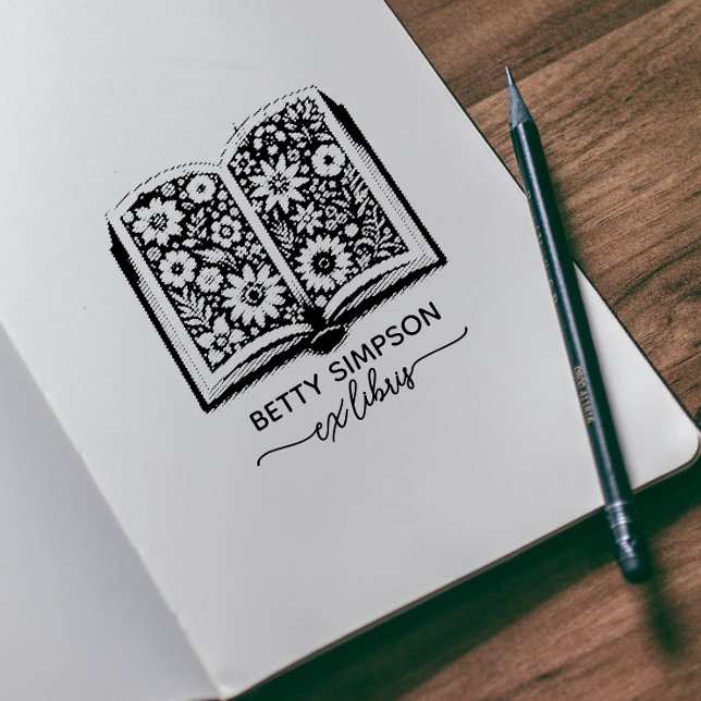 Antik bok och blommor Anpassad ex libris stämpel (Skapare uppladdad)