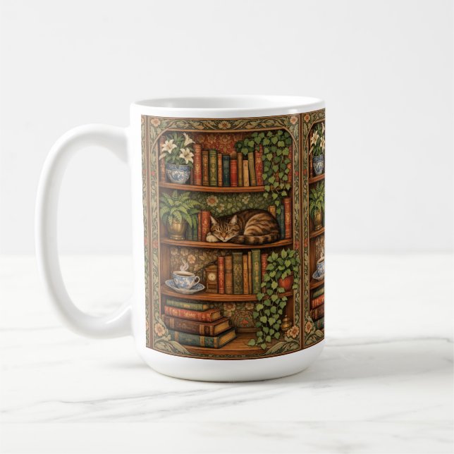Antik bokhylla med katt och kaffe kaffemugg (Vänster)