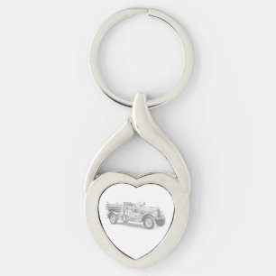 antik brandbil blyertsteckning brandman ritning twisted heart silverfärgad nyckelring