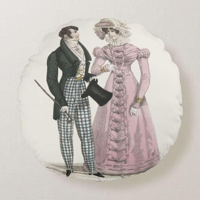 Antik bröllopspar 1823 Man Kvinna Mode Rund Kudde (Framsidan)