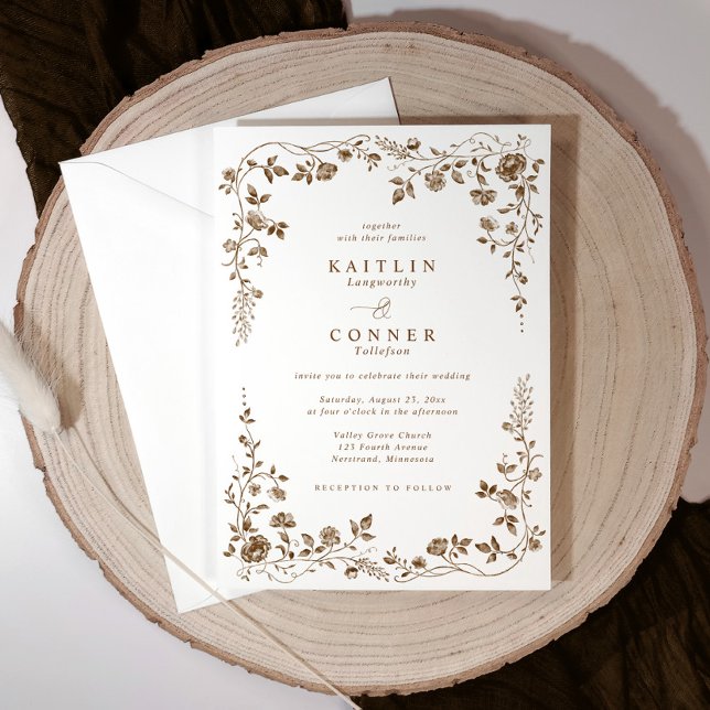 Antik Brun Brons Fransk Blommig Bröllop Inbjudningar (Brown and white vintage wedding invite with elegant toile floral frame and classic typography)