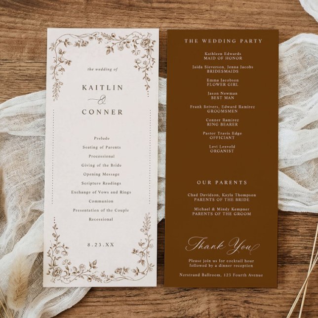 Antik Brun Fransk Blommig Viktoriansk Bröllop Program (Vintage French brown wedding program with elegant chinoiserie floral frame)