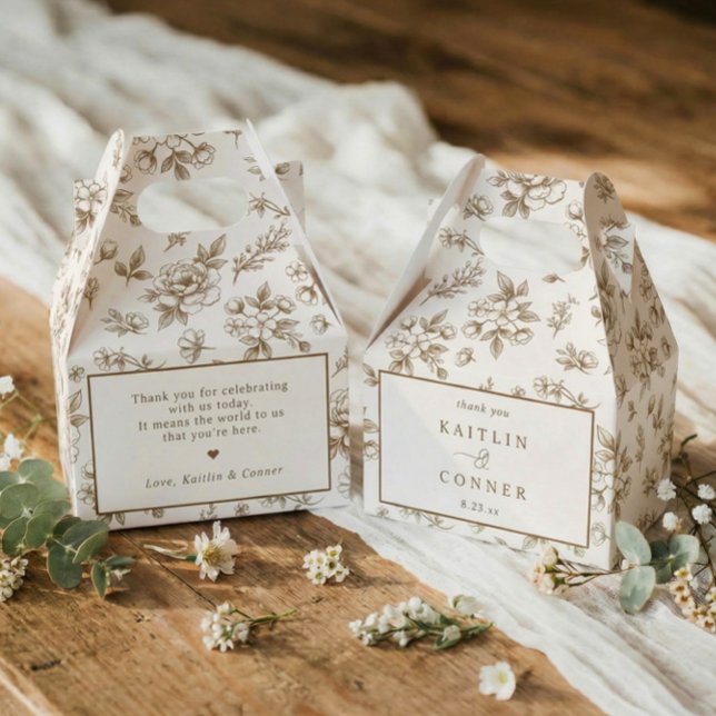 Antik Brun Viktoriansk Blommig Fransk Bröllopskläd Presentaskar (Brown personalized wedding favor box with vintage French toile floral elements)