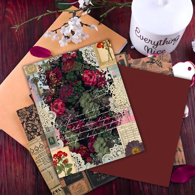 Antik Burgunder Botanica Kollage Scrapbook Papper (Skapare uppladdad)