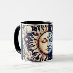 Antik Celestial Halv Sol & Måne Blå Gul Mugg