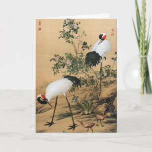 Antik Chinoiserie rödkronade tranor och rosor Helgkort