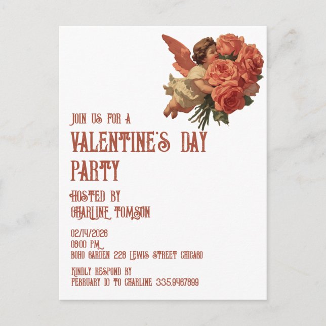 Antik Cupid med rosbukett Inbjudan Vykort (Framsida)