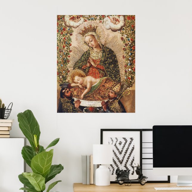Antik Cuzco-skolan Jungfru Marie beundran av Jesus Poster (Hemmakontoret)
