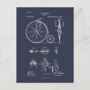 Antik cykel 1887 Penny Farthing Patentritning Vykort