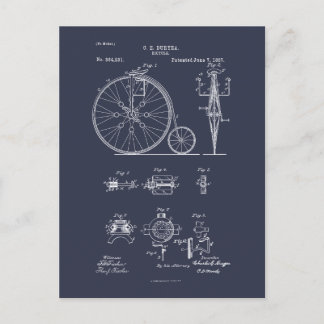 Antik cykel 1887 Penny Farthing Patentritning Vykort