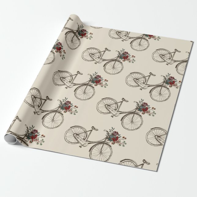 Antik cykel med korg med blommor presentpapper (Utrullad)
