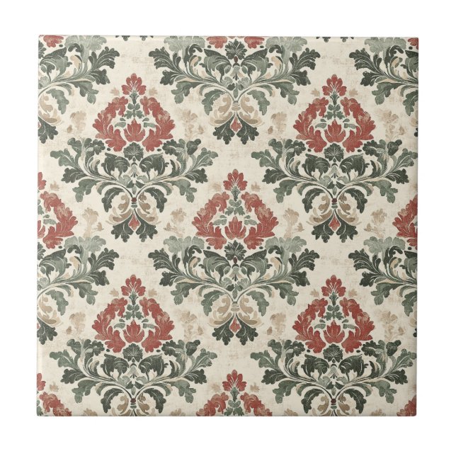 Antik Damask Röd Grön Beige Kakelplatta (Framsidan)