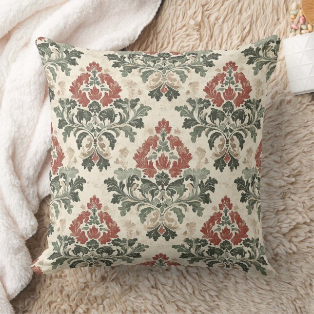Antik Damask Röd Grön Beige Kudde (Filt)