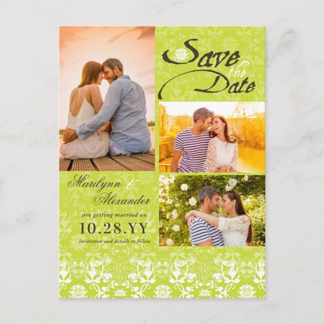 Antik Damaskbroderi Spets Limegrön Foto Spara Datu Meddelande Vykort (Framsida)