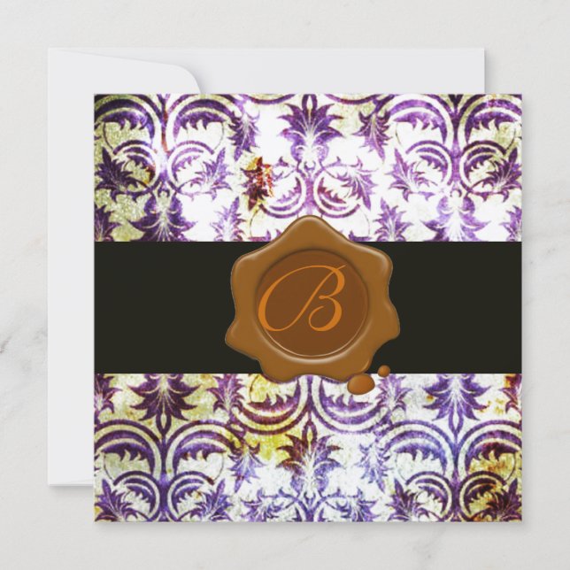 ANTIK DAMAST VÄXSIGILL MONOGRAM,lila,guld Inbjudningar (Framsida)