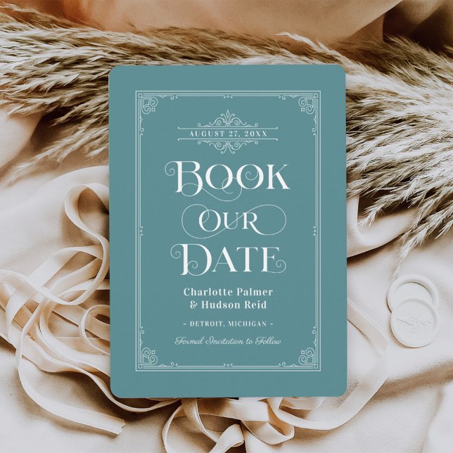Antik dammig teal bokomslag bröllop spara datumet (Skapare uppladdad)