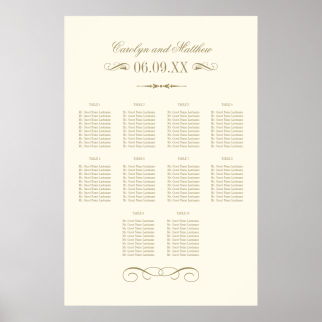 Antik Elfenbensfärg Förgylld Bröllopsplatskarta Poster (Framsidan)