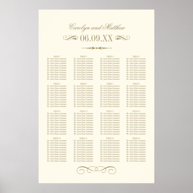 Antik Elfenbensfärg Vit Bröllopsplatskarta med Flo Poster (Framsidan)