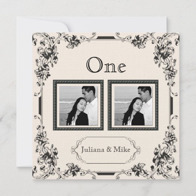 Antik Elfenbensvit och Svart Foto Bordskort (Framsida)