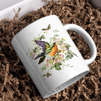 ANTIK FÅGEL MED BLOMMOR KAFFEMUGG