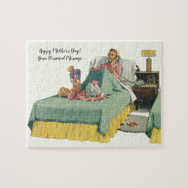 Antik familj som serverar mamma frukost i sängen pussel (Horisontell)