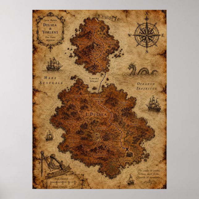 Antik Fantasykarta — Dulsea och Vorlent-öarna Poster (Framsidan)
